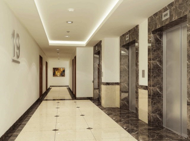 Sảnh và cửa tầng thang máy tải khách ốp đá tại chung cư cao cấp
